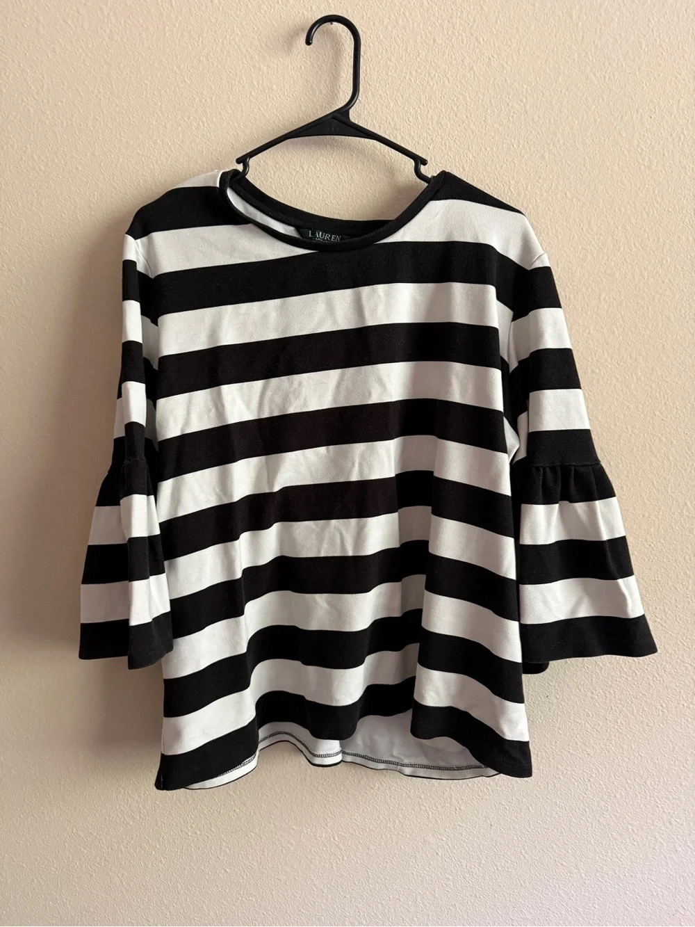 Lauren Ralph Lauren Black and White Striped Bell-Sleeve Top